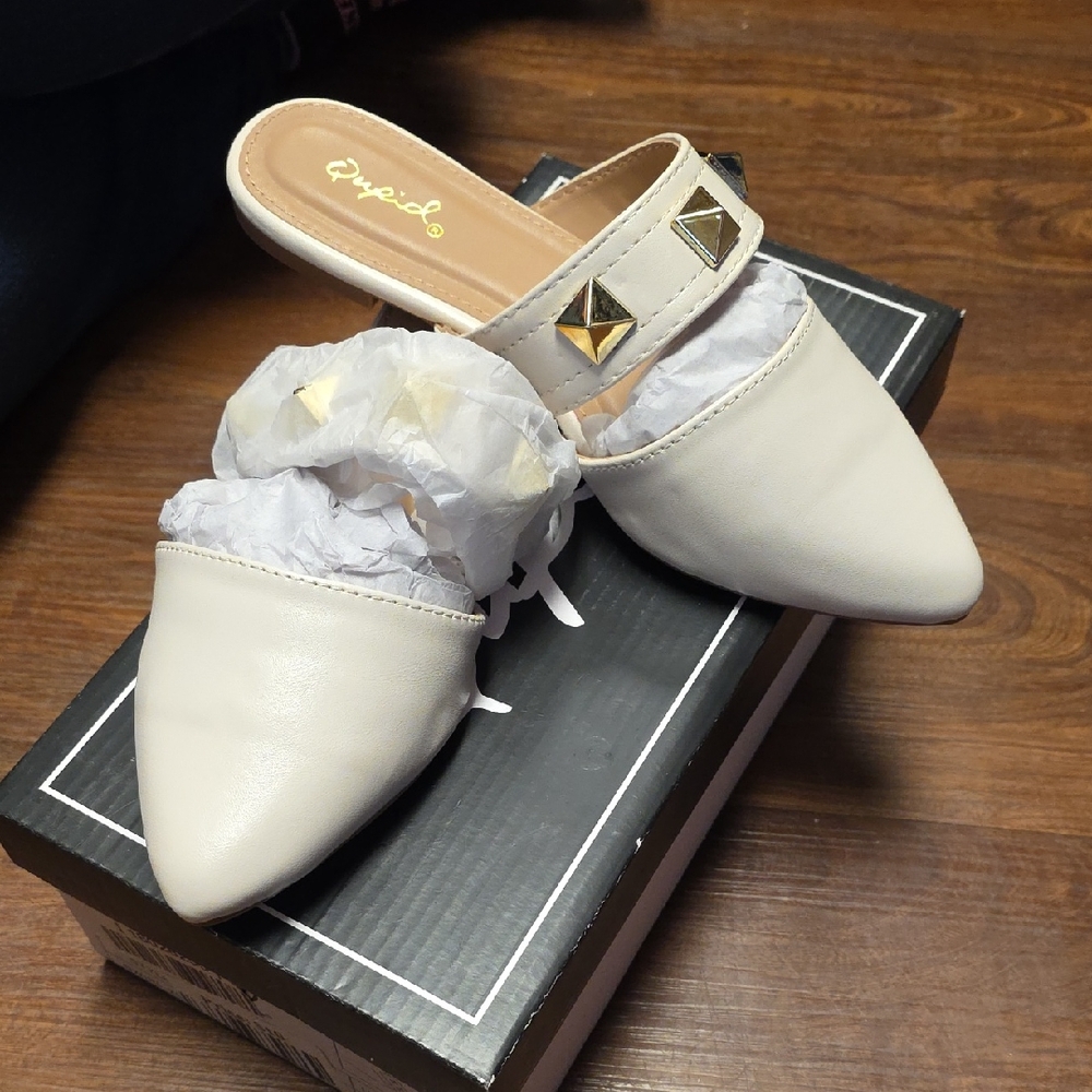 Qupid Cream Pointed Toe Studded Slip-On Mules